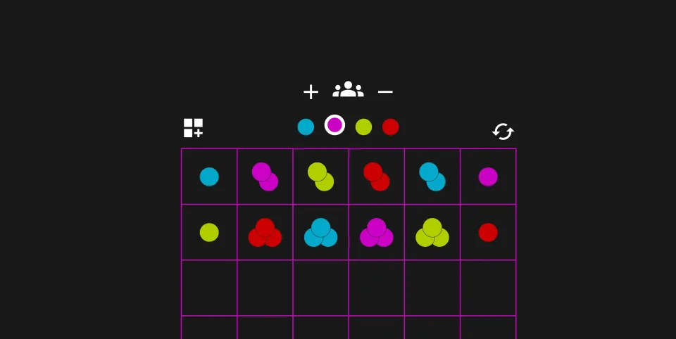Chain Reaction game board with four players' orbs