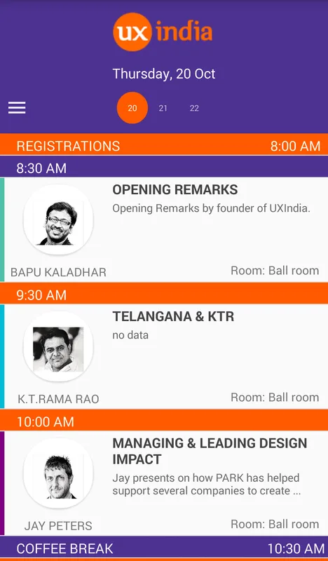 Schedule screen of the UX India 2016 app